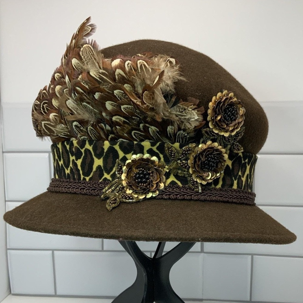 Vintage Unbranded Pheasant Feather Leopard Band Wool Felt Brown‎ One Size